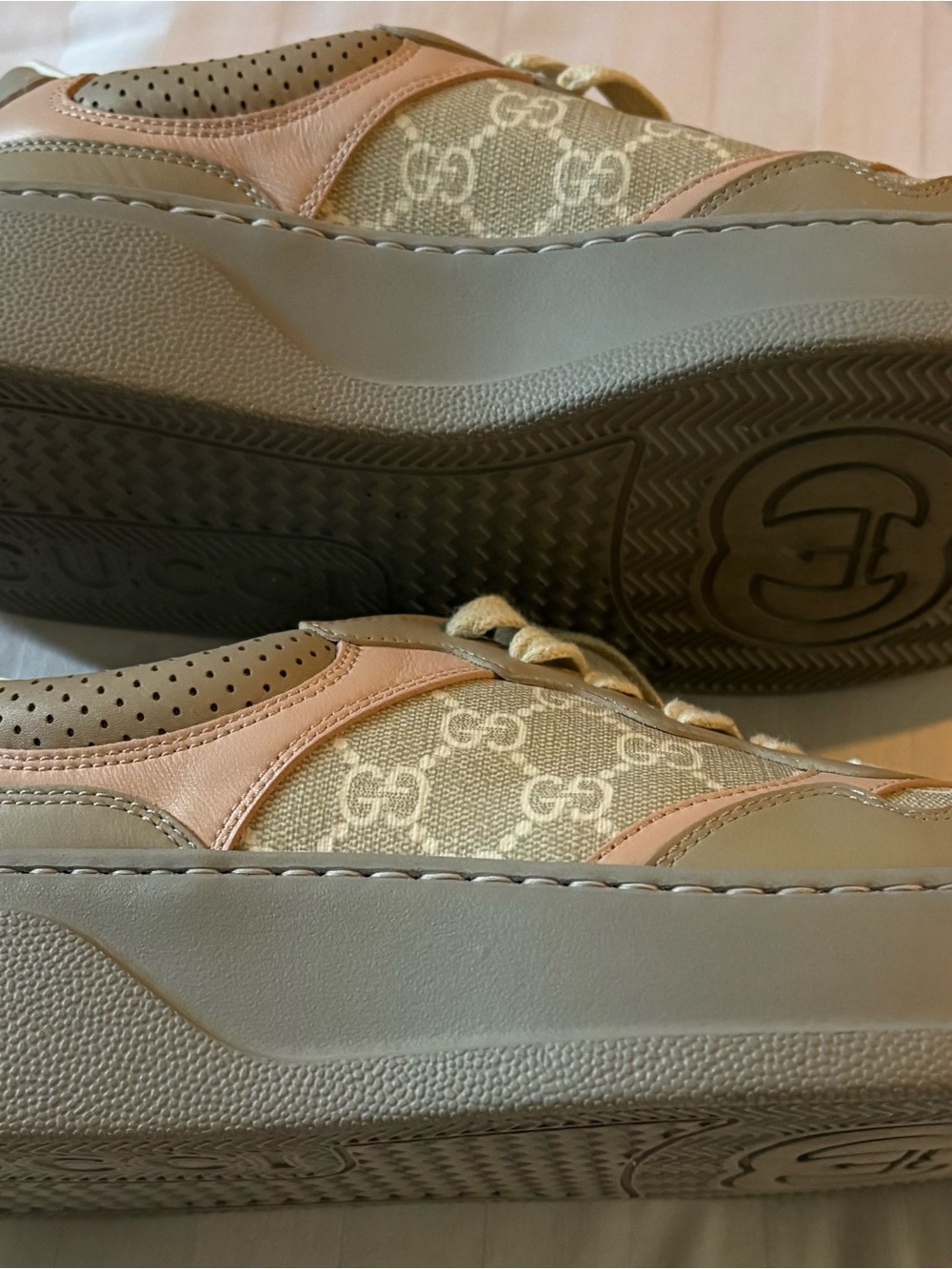 Gucci Beige and Pink GG Canvas Platform Sneakers Authentic.